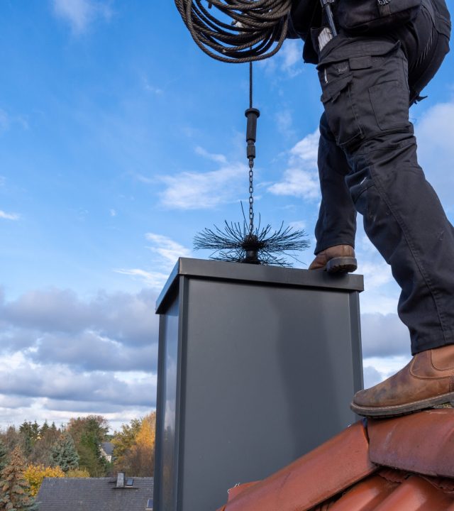 Chimney,Sweep,Cleaning,A,Chimney,Standing,On,The,House,Roof,